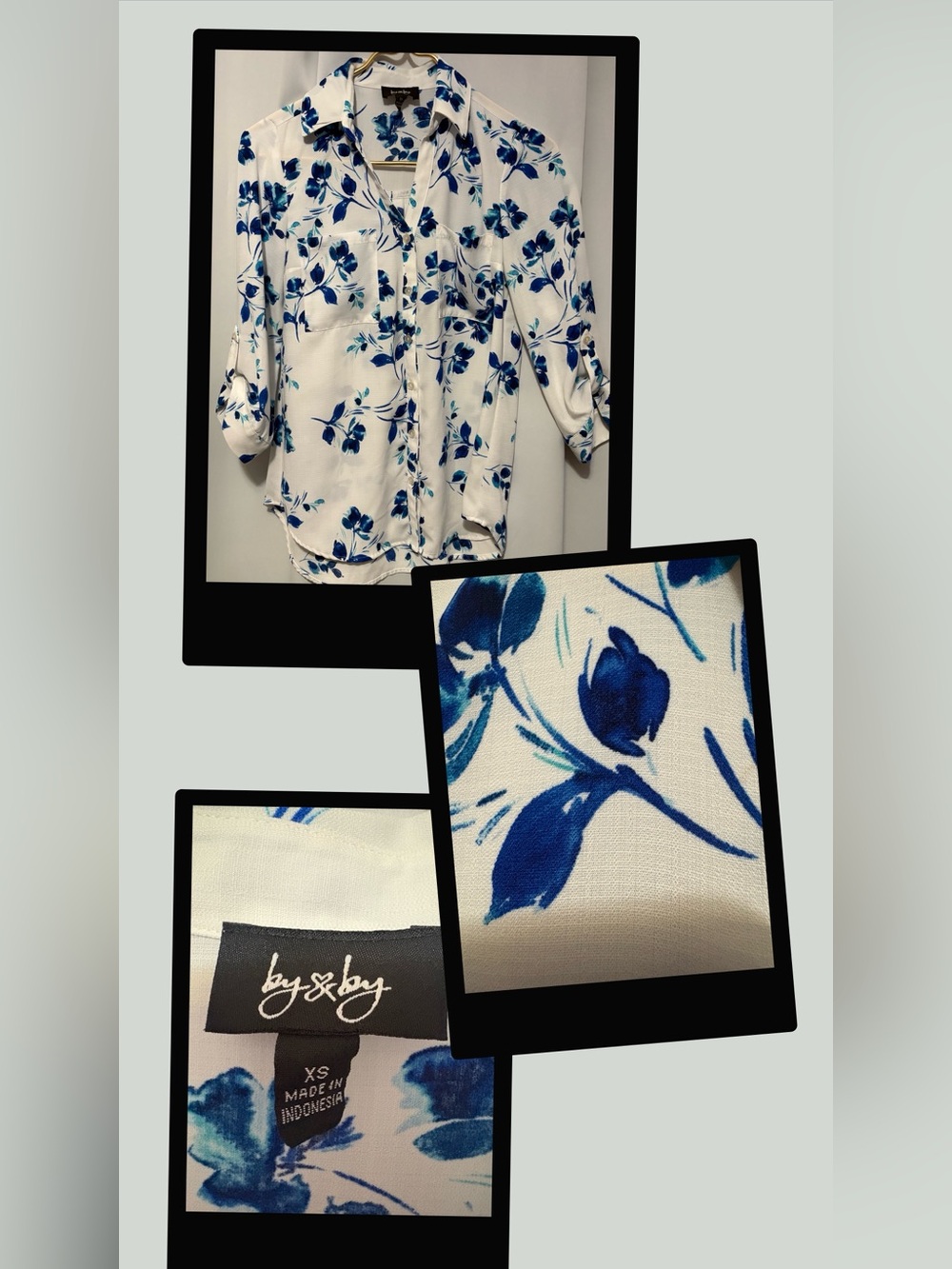 by & by White Button-Down Blouse with Blue Floral Print